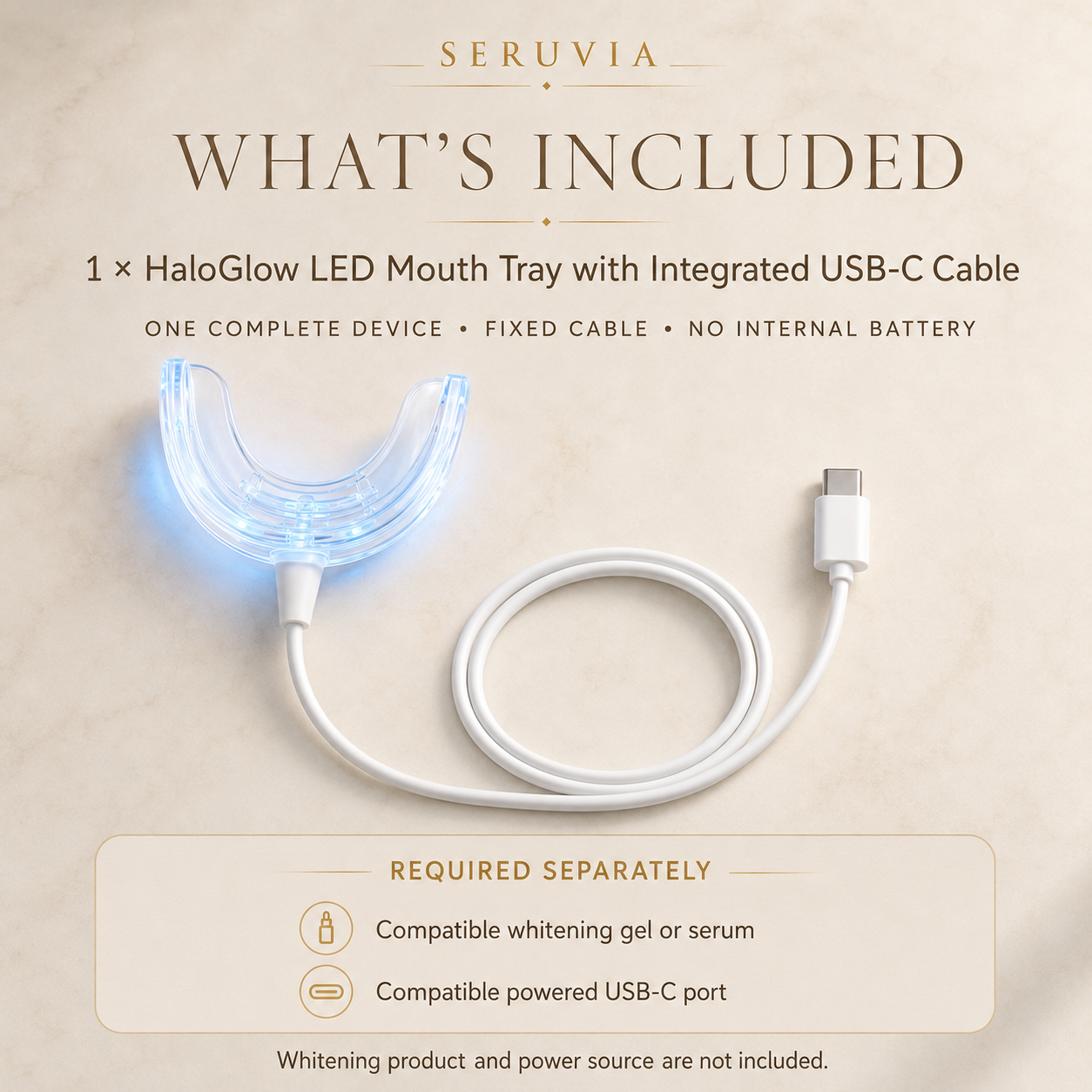 HaloGlow LED mouth tray and integrated USB-C cable