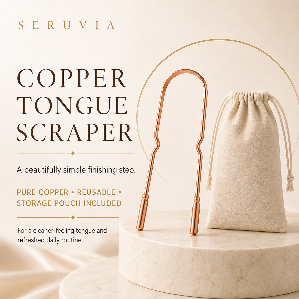 Seruvia Copper Tongue Scraper with beige drawstring storage pouch on a luxury neutral background