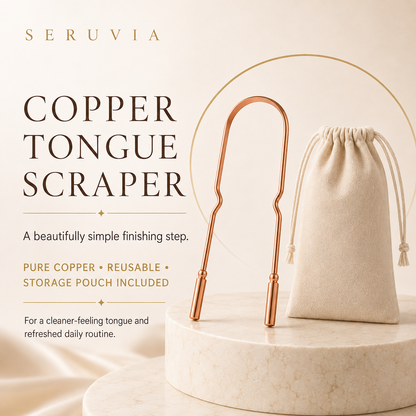 Seruvia Copper Tongue Scraper with beige drawstring storage pouch on a luxury neutral background