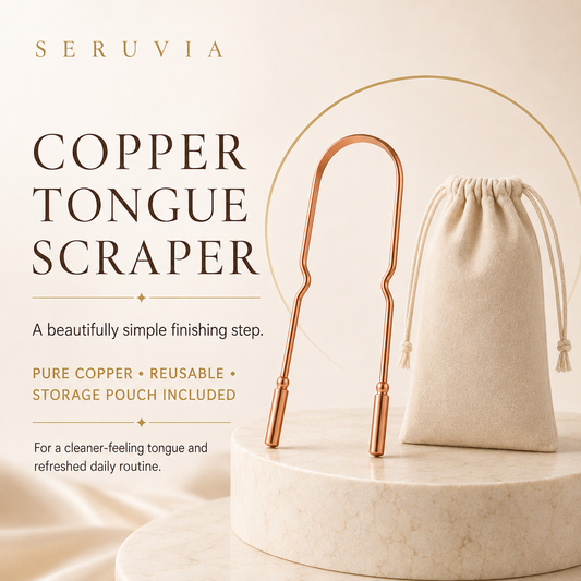 Seruvia Copper Tongue Scraper with beige drawstring storage pouch on a luxury neutral background