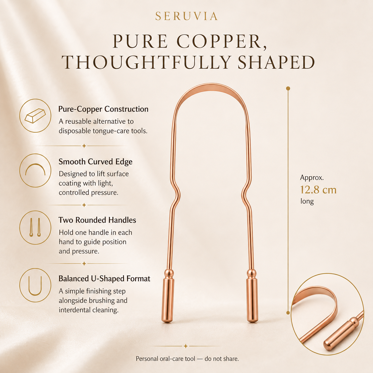 Pure copper U-shaped tongue scraper showing its curved edge, dual handles and approximate 12.8 cm length