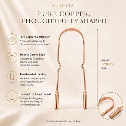 Pure copper U-shaped tongue scraper showing its curved edge, dual handles and approximate 12.8 cm length