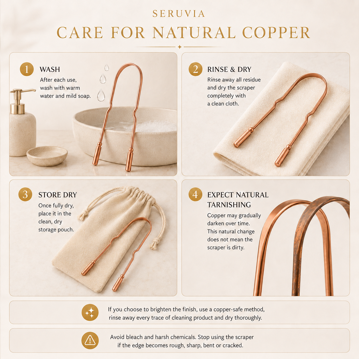 Care guide for washing, drying, storing and managing natural tarnishing on the copper tongue scraper