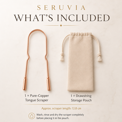 Seruvia Copper Tongue Scraper with the included beige drawstring storage pouch